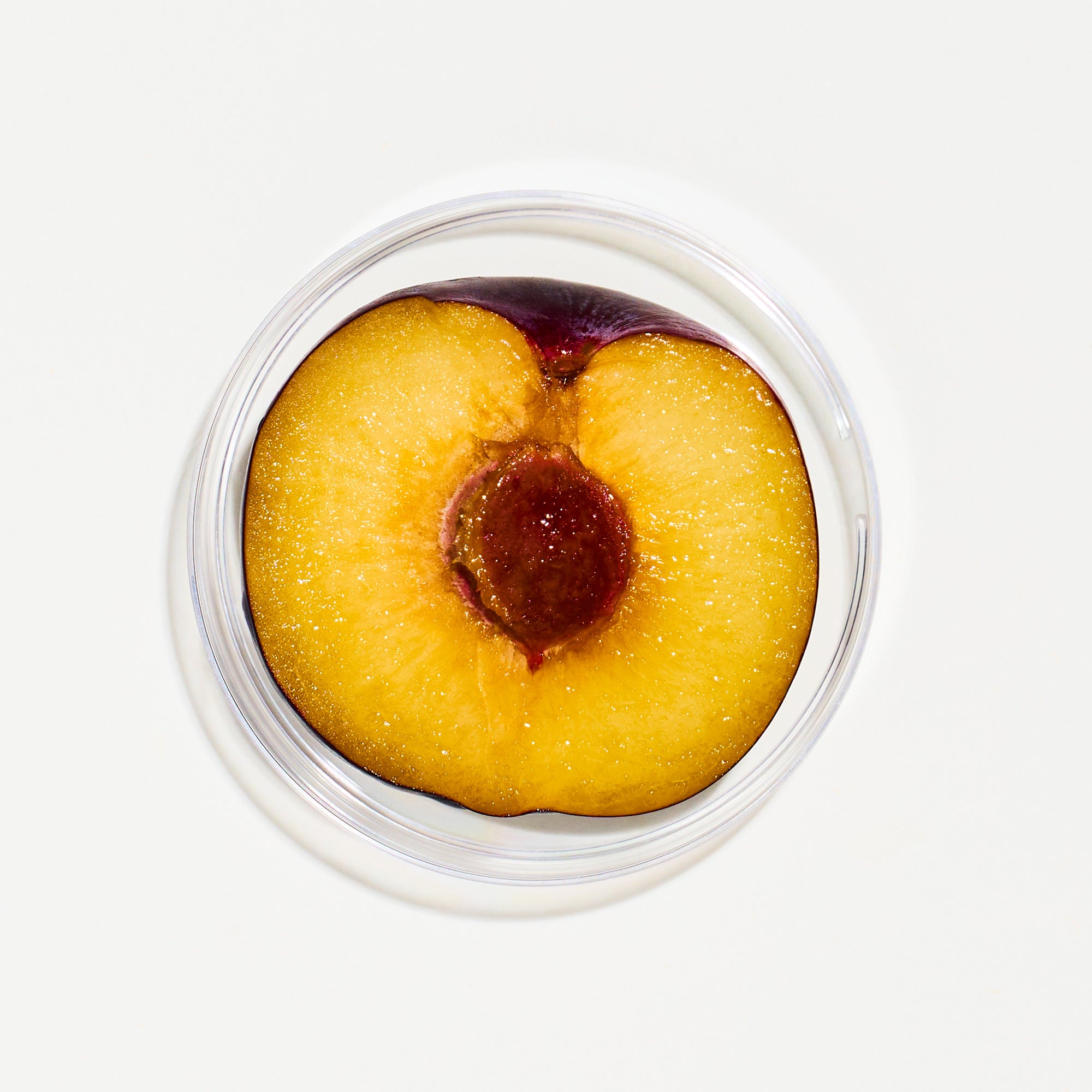 Half of a plum in a small glass bowl on a white background