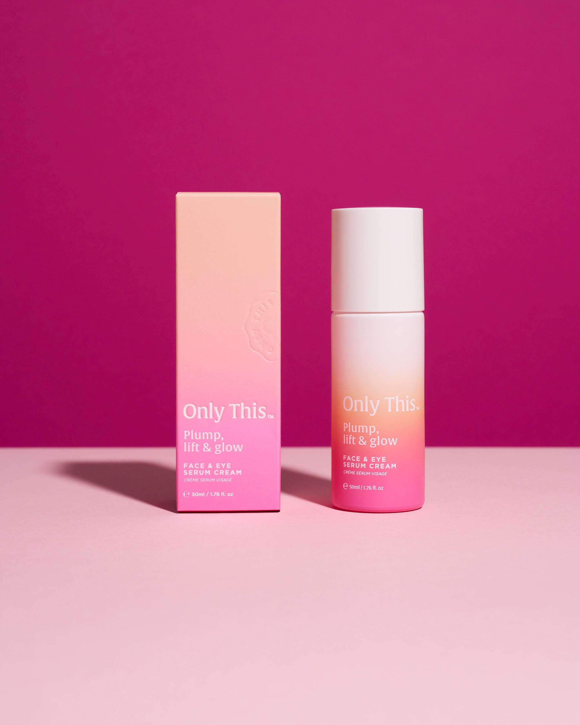 Skincare product with pink and white design on a pink background