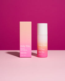 Skincare product with pink and white design on a pink background