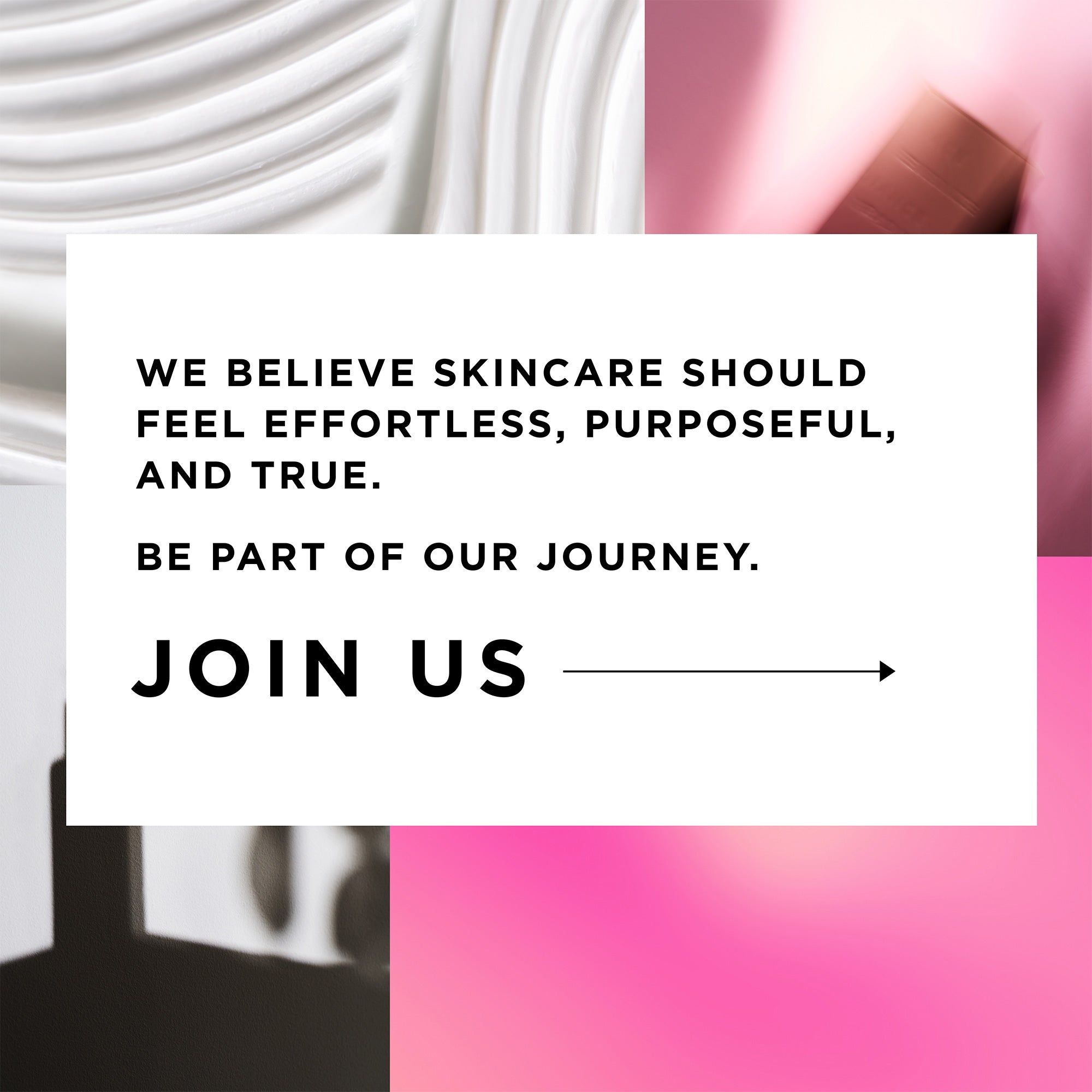 Promotional text for a skincare brand with a blurred background