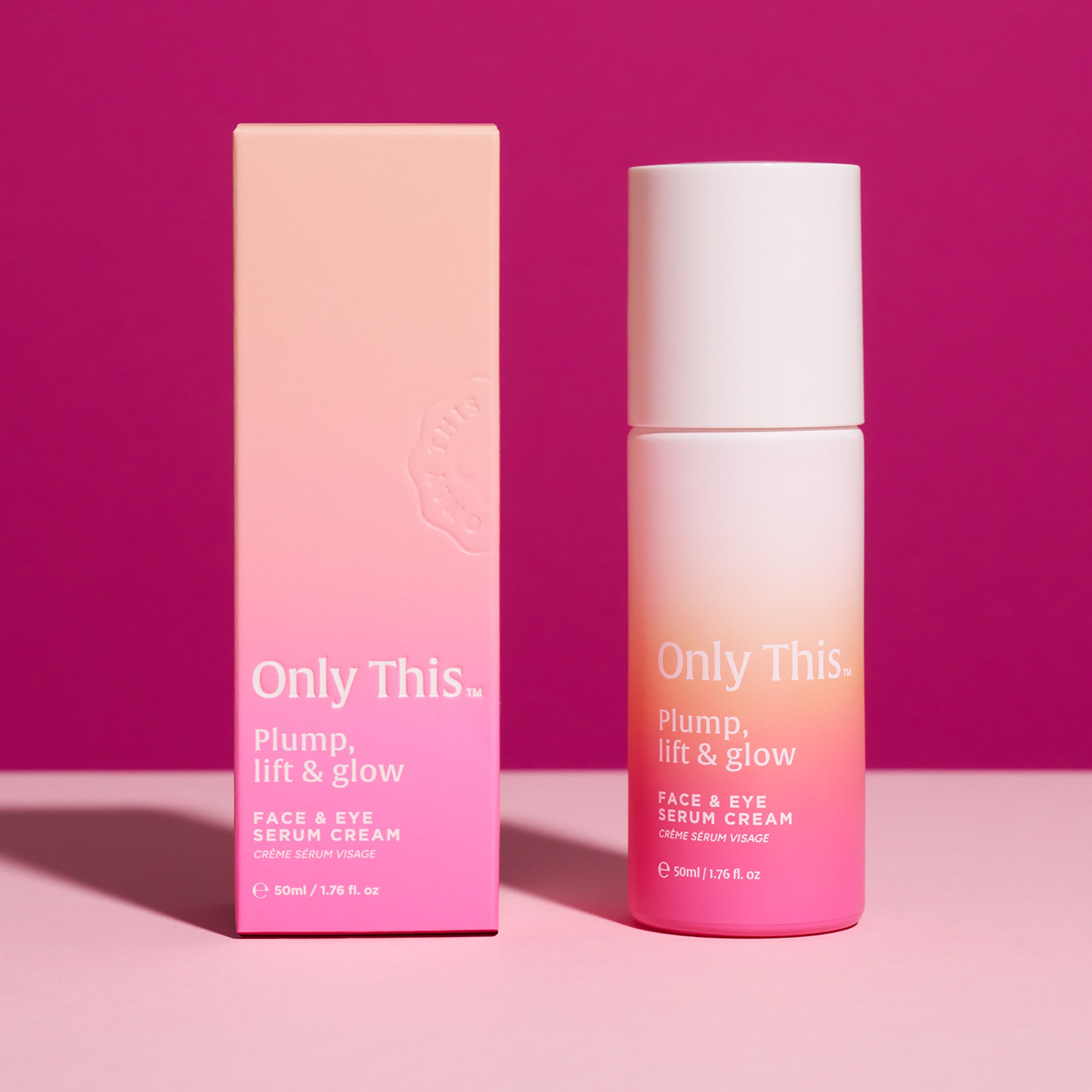 Pink skincare product and packaging with 'Only This' branding on a pink background